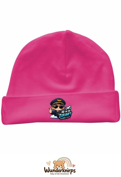 Umschlagmütze Rox-01 in Pink mit Motiv Pilot Ab in die Zukunft
