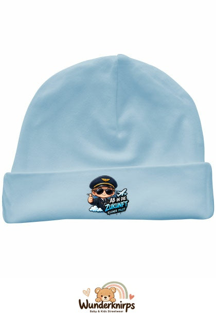 Umschlagmütze Rox-01 in Pastellblau mit Motiv Pilot Ab in die Zukunft