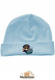 Umschlagmütze Rox-01 in Pastellblau mit Motiv Pilot Ab in die Zukunft
