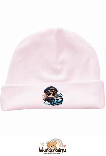 Umschlagmütze Rox-01 in Pastellrosa mit Motiv Pilot Ab in die Zukunft