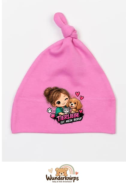 Knotenmütze Babybugz BZ15 in Bubblegum-Pink mit Motiv Tierliebe ist mein Beruf