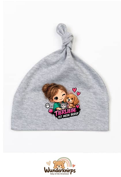 Knotenmütze Babybugz BZ15 in Grau meliert mit Motiv Tierliebe ist mein Beruf