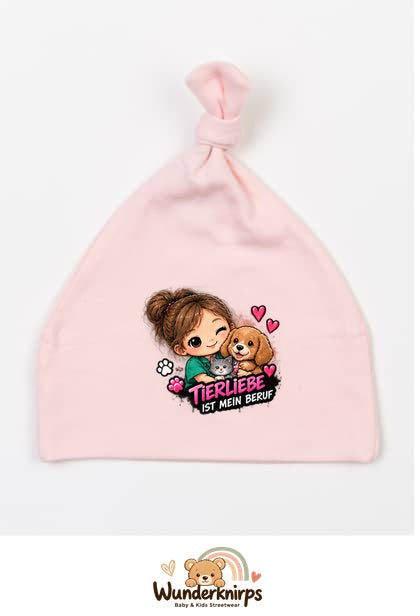 Knotenmütze Babybugz BZ15 in Pastellrosa mit Motiv Tierliebe ist mein Beruf