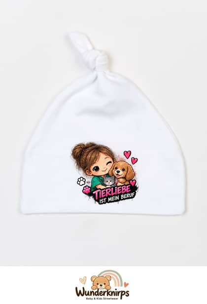 Knotenmütze Babybugz BZ15 in Weiß mit Motiv Tierliebe ist mein Beruf