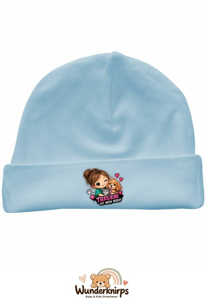 Umschlagmütze Rox-01 in Pastellblau mit Motiv Tierliebe ist mein Beruf