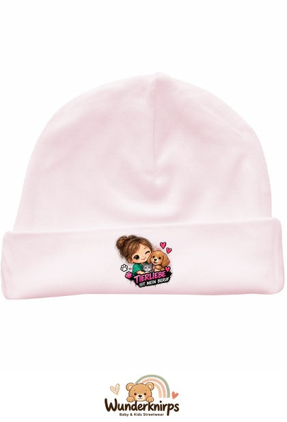 Umschlagmütze Rox-01 in Pastellrosa mit Motiv Tierliebe ist mein Beruf