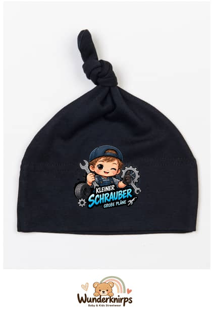 Knotenmütze Babybugz BZ15 in Schwarz mit Motiv Kleiner Schrauber, große Pläne