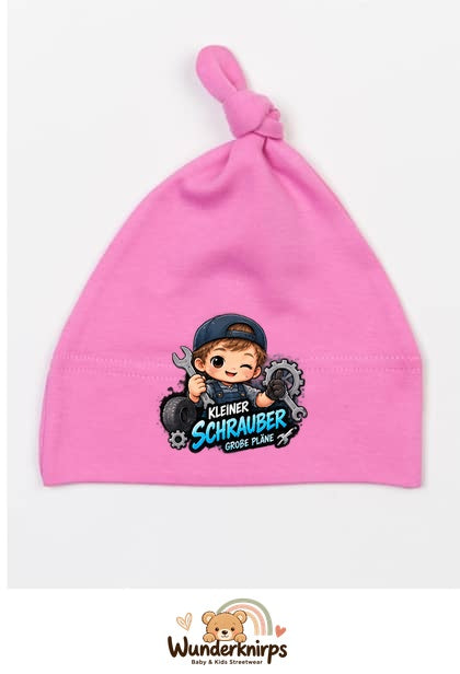Knotenmütze Babybugz BZ15 in Bubblegum-Pink mit Motiv Kleiner Schrauber, große Pläne