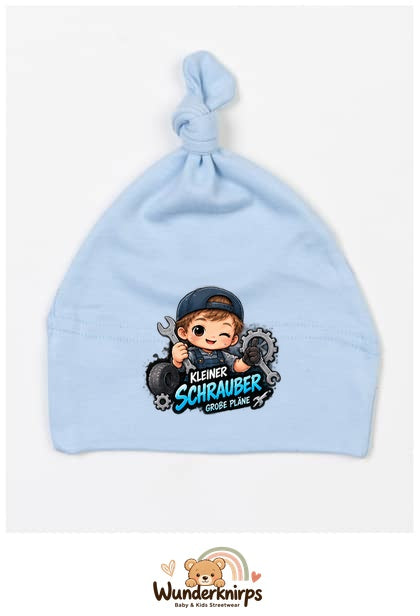 Knotenmütze Babybugz BZ15 in Staubblau mit Motiv Kleiner Schrauber, große Pläne