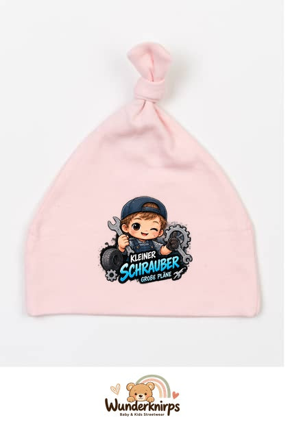 Knotenmütze Babybugz BZ15 in Pastellrosa mit Motiv Kleiner Schrauber, große Pläne