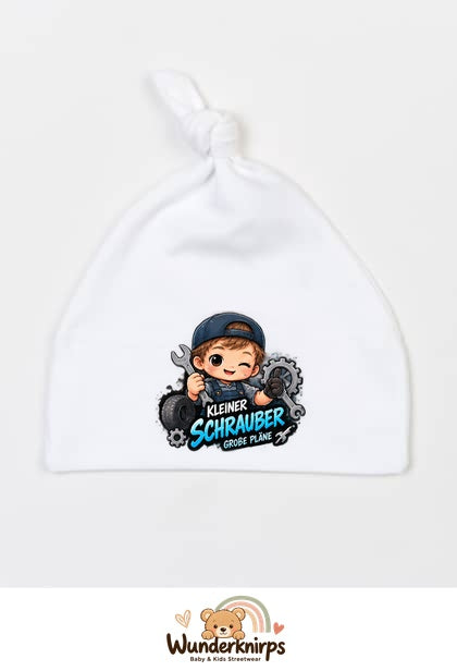 Knotenmütze Babybugz BZ15 in Weiß mit Motiv Kleiner Schrauber, große Pläne