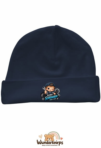 Umschlagmütze Rox-01 in Marineblau mit Motiv Kleiner Schrauber, große Pläne