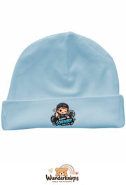 Umschlagmütze Rox-01 in Pastellblau mit Motiv Kleiner Schrauber, große Pläne