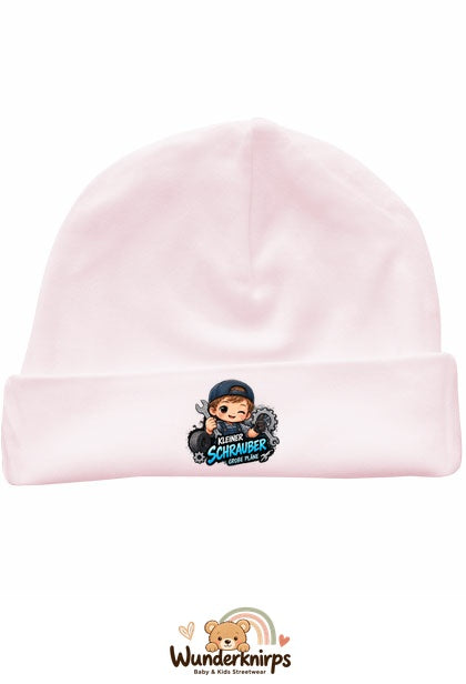 Umschlagmütze Rox-01 in Pastellrosa mit Motiv Kleiner Schrauber, große Pläne