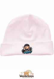 Umschlagmütze Rox-01 in Pastellrosa mit Motiv Kleiner Schrauber, große Pläne