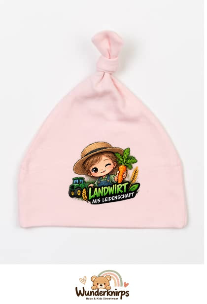 Knotenmütze Babybugz BZ15 in Pastellrosa mit Motiv Landwirt aus Leidenschaft
