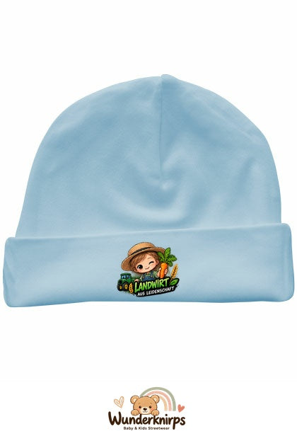 Umschlagmütze Rox-01 in Pastellblau mit Motiv Landwirt aus Leidenschaft