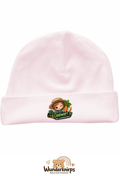 Umschlagmütze Rox-01 in Pastellrosa mit Motiv Landwirt aus Leidenschaft