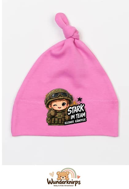 Knotenmütze Babybugz BZ15 in Bubblegum-Pink mit Motiv Stark im Team