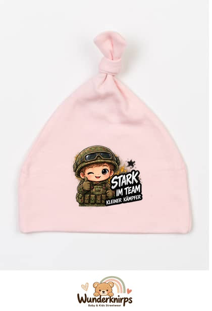 Knotenmütze Babybugz BZ15 in Pastellrosa mit Motiv Stark im Team