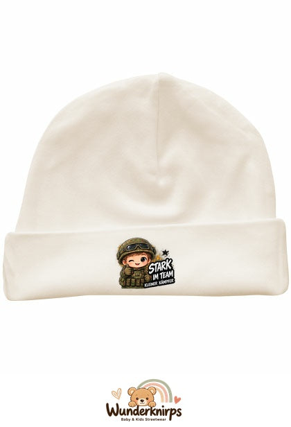 Umschlagmütze Rox-01 in Natur mit Motiv Stark im Team