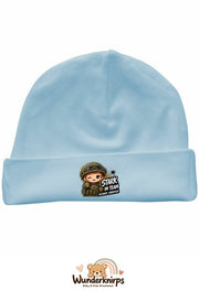 Umschlagmütze Rox-01 in Pastellblau mit Motiv Stark im Team