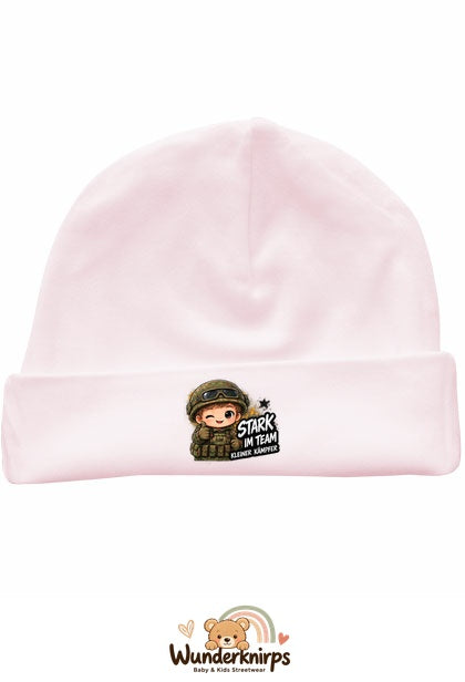 Umschlagmütze Rox-01 in Pastellrosa mit Motiv Stark im Team