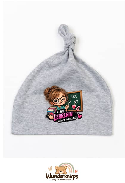 Knotenmütze Babybugz BZ15 in Grau meliert mit Motiv Kleine Lehrerin, große Wirkung