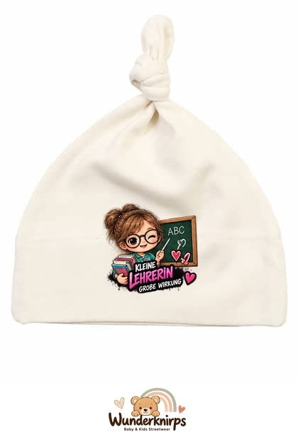 Knotenmütze Babybugz BZ15 in Natur mit Motiv Kleine Lehrerin, große Wirkung