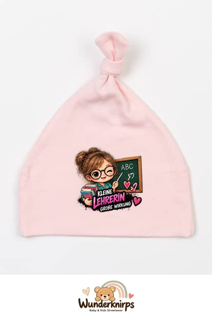 Knotenmütze Babybugz BZ15 in Pastellrosa mit Motiv Kleine Lehrerin, große Wirkung