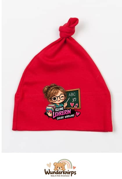 Knotenmütze Babybugz BZ15 in Rot mit Motiv Kleine Lehrerin, große Wirkung