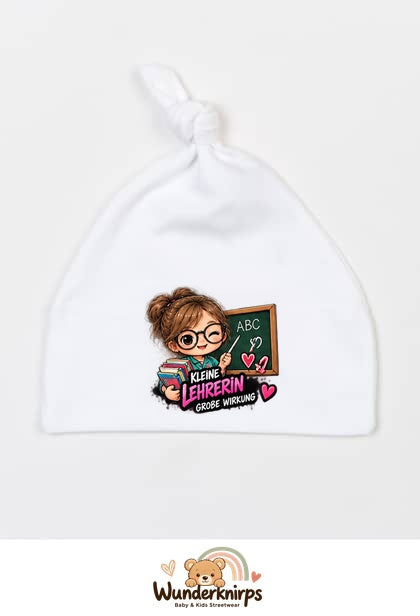 Knotenmütze Babybugz BZ15 in Weiß mit Motiv Kleine Lehrerin, große Wirkung