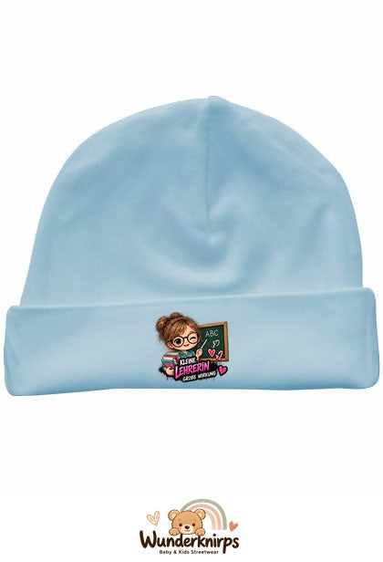 Umschlagmütze Rox-01 in Pastellblau mit Motiv Kleine Lehrerin, große Wirkung
