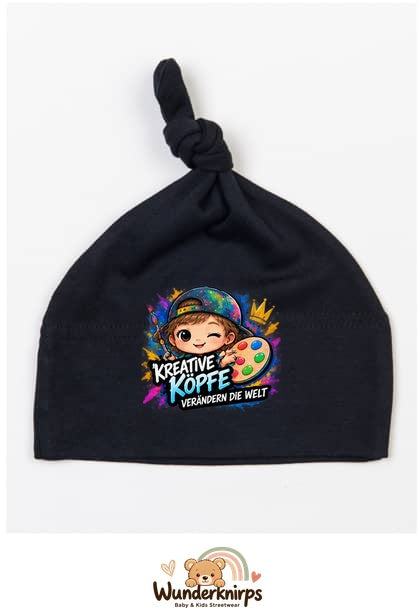 Knotenmütze Babybugz BZ15 in Schwarz mit Motiv Kreative Köpfe verändern die Welt