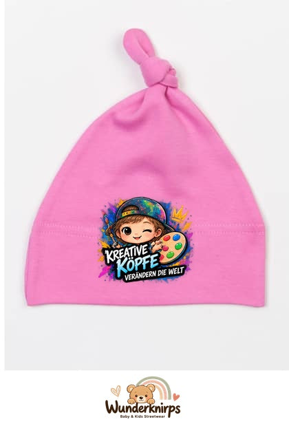 Knotenmütze Babybugz BZ15 in Bubblegum-Pink mit Motiv Kreative Köpfe verändern die Welt
