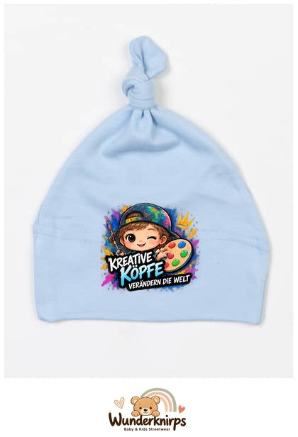 Knotenmütze Babybugz BZ15 in Staubblau mit Motiv Kreative Köpfe verändern die Welt