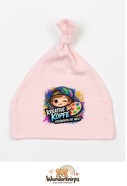 Knotenmütze Babybugz BZ15 in Pastellrosa mit Motiv Kreative Köpfe verändern die Welt