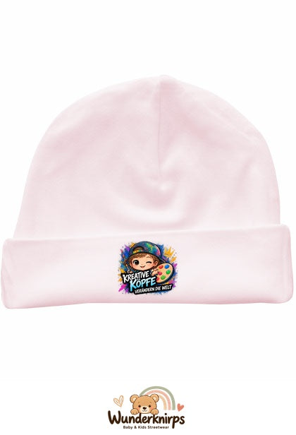 Umschlagmütze Rox-01 in Pastellrosa mit Motiv Kreative Köpfe verändern die Welt