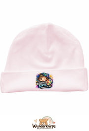 Umschlagmütze Rox-01 in Pastellrosa mit Motiv Kreative Köpfe verändern die Welt