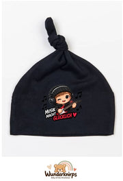 Knotenmütze Babybugz BZ15 in Schwarz mit Motiv Musik macht glücklich
