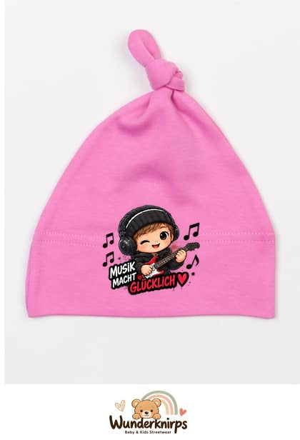 Knotenmütze Babybugz BZ15 in Bubblegum-Pink mit Motiv Musik macht glücklich