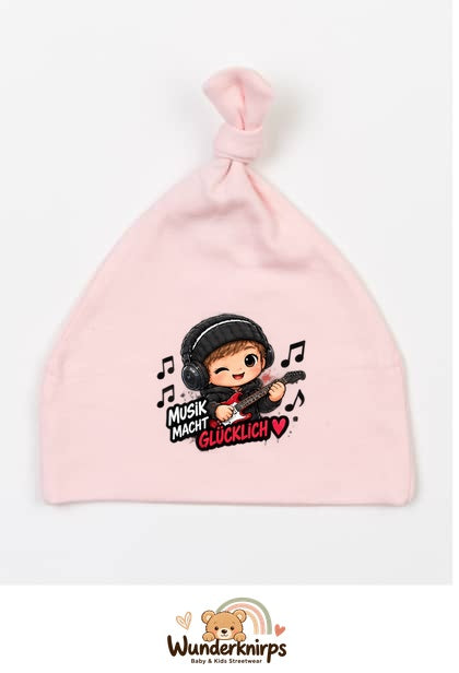 Knotenmütze Babybugz BZ15 in Pastellrosa mit Motiv Musik macht glücklich