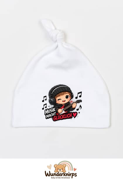 Knotenmütze Babybugz BZ15 in Weiß mit Motiv Musik macht glücklich