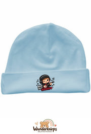 Umschlagmütze Rox-01 in Pastellblau mit Motiv Musik macht glücklich