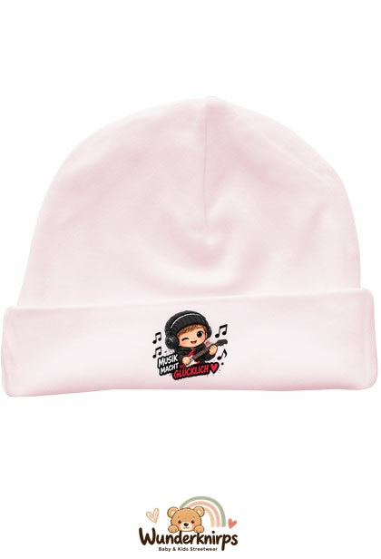 Umschlagmütze Rox-01 in Pastellrosa mit Motiv Musik macht glücklich