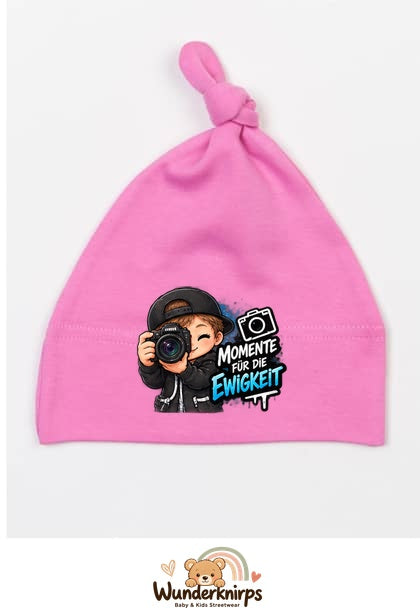 Knotenmütze Babybugz BZ15 in Bubblegum-Pink mit Motiv Momente für die Ewigkeit