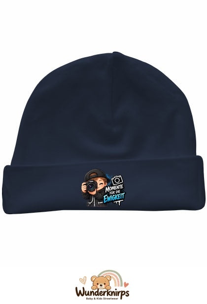 Umschlagmütze Rox-01 in Marineblau mit Motiv Momente für die Ewigkeit