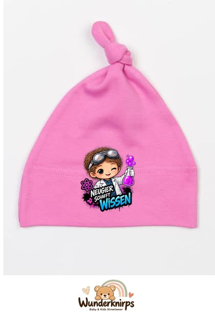 Knotenmütze Babybugz BZ15 in Bubblegum-Pink mit Motiv Neugier schafft Wissen
