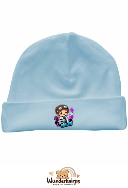 Umschlagmütze Rox-01 in Pastellblau mit Motiv Neugier schafft Wissen