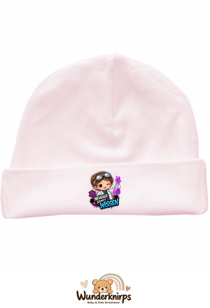 Umschlagmütze Rox-01 in Pastellrosa mit Motiv Neugier schafft Wissen